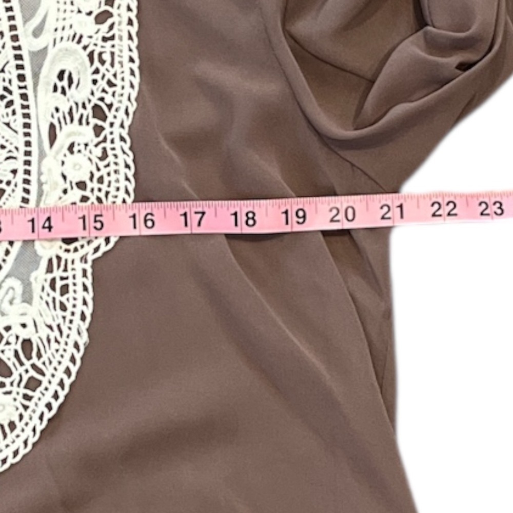 New Umgee Mocha Brown Large Sheer Patch Lace Tunic with Bell Sleeves - Picture 7 of 11